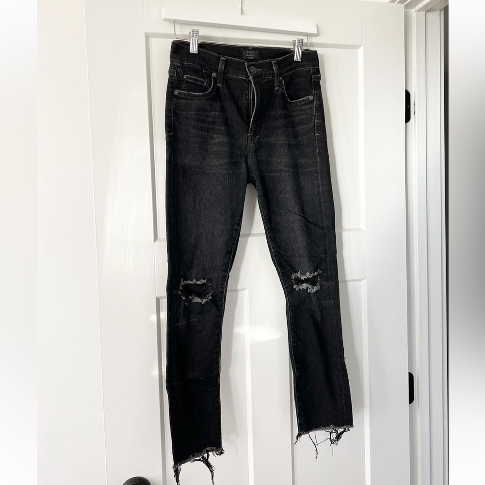 Citizens of Humanity Rocket Crop High Rise Skinny Jeans Black Distressed Size 25